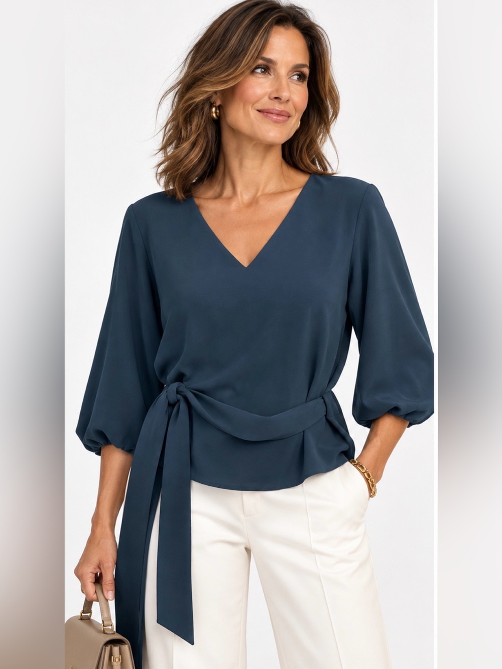 Lafayette 148 New York NWT Teal V-Neck Tie Waist Balloon Sleeve Blouse Size L